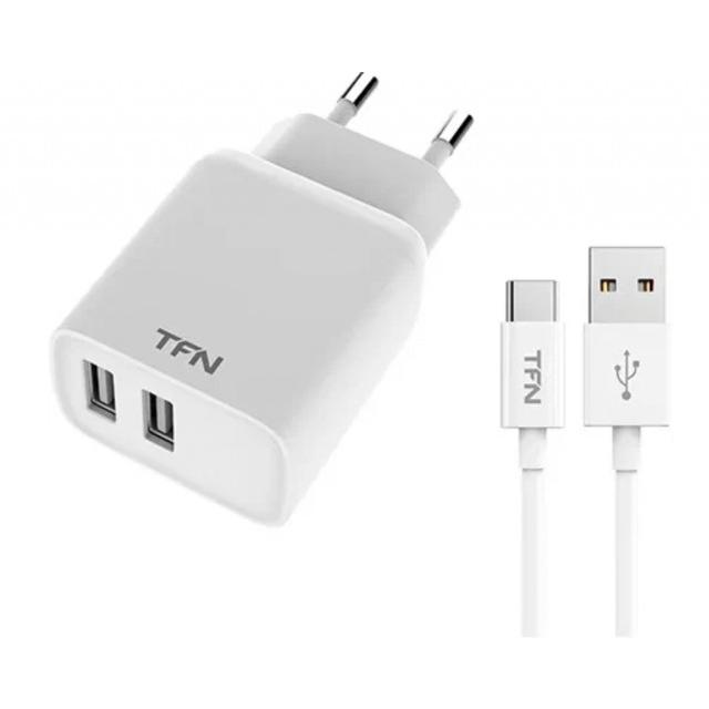 Сетевое зарядное устройство TFN RAPID+ 2USB 12W + кабель USB - Type-C (WCRPD12W2U04), белый