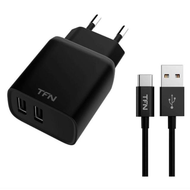 Зарядное устройство TFN RAPID+, 2USB, 12 Вт, 2.4A (TFN-WCRPD12W2U03) с кабелем Type C, черное