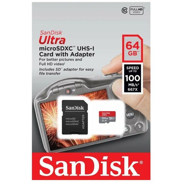Карта памяти SanDisk microSDXC 64Gb Class 10, UHS-I, R 100МБ/с, адаптер на SD (SDSQUNR-064G-GN3MA)