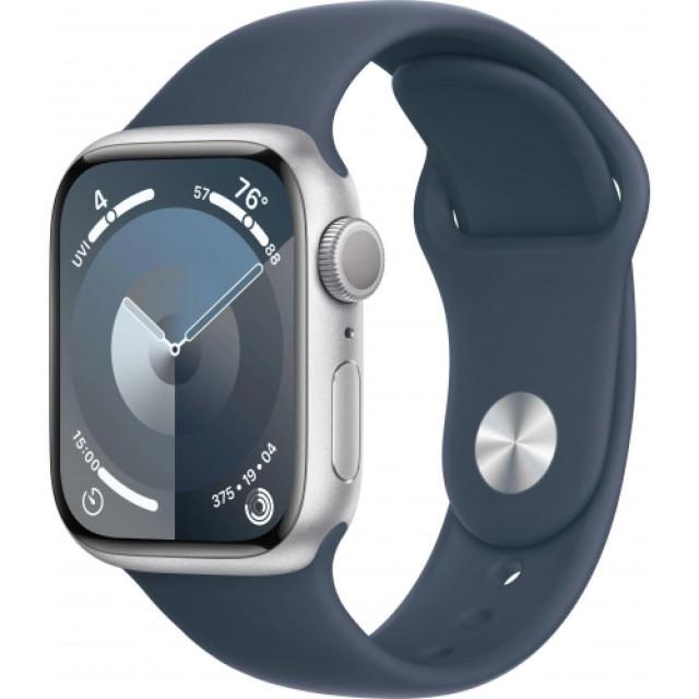 Часы Apple Watch Series 9 41mm LTE Silver Aluminium Case with Storm Blue Sport Band, MRHV3 S/M