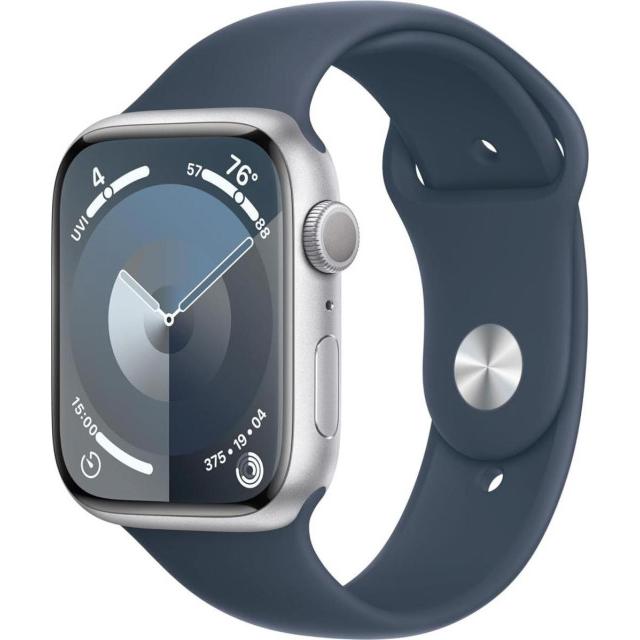 Часы Apple Watch Series 9 45mm Aluminium Case with Sport Band MR9E3, Silver/Storm Blue M/L